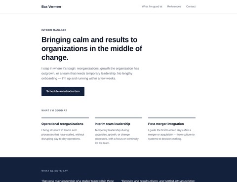 Screenshot of the live demo website for Bas Vermeer, interim manager
