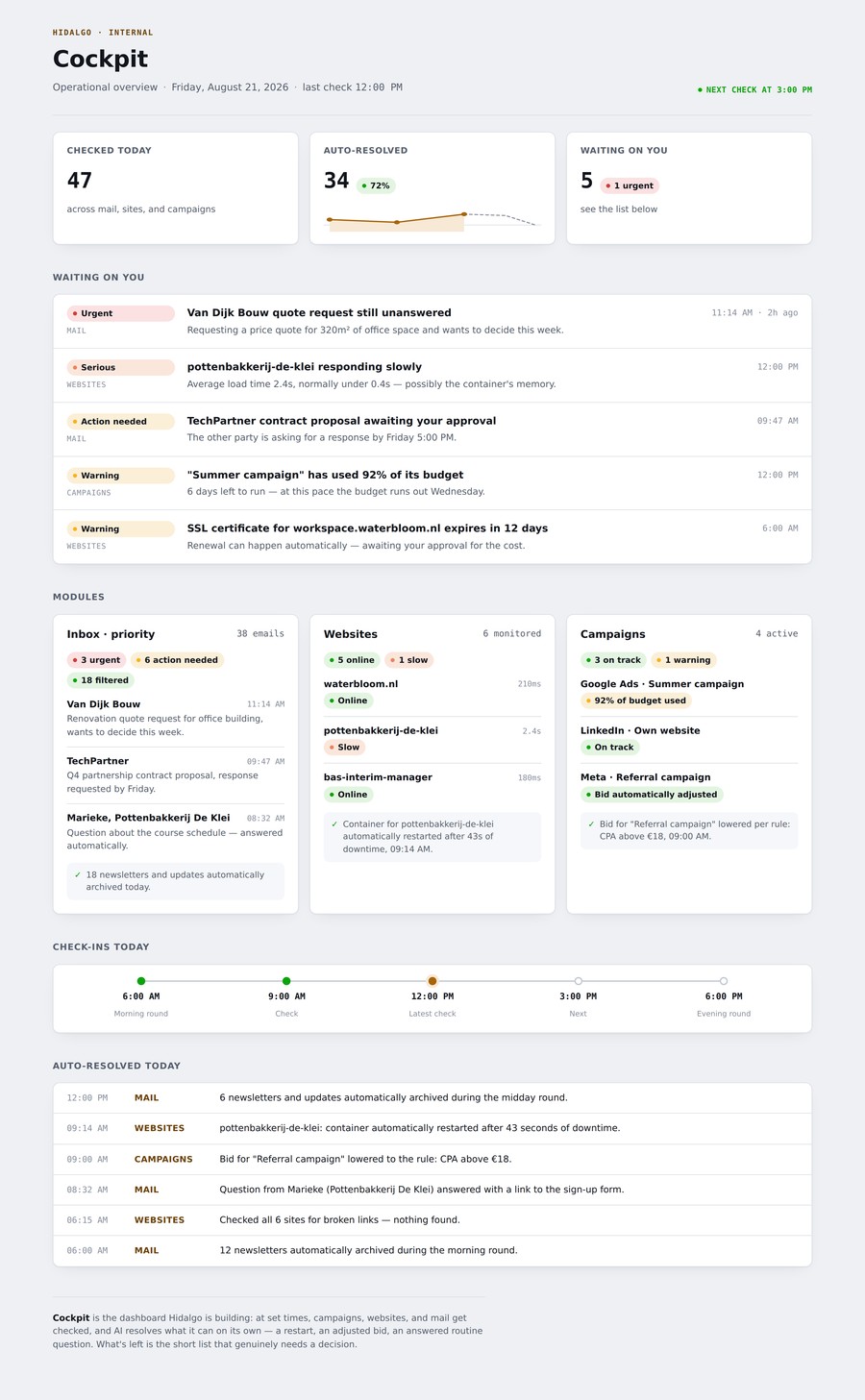 Screenshot of the Cockpit dashboard of my assistant, showing status figures, a priority list and an overview of automatically resolved tasks